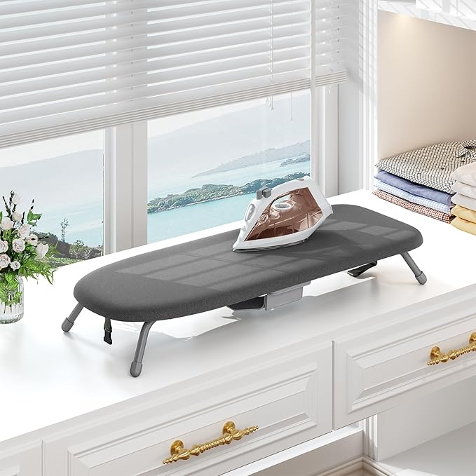Kingboard Small Ironing Board with Iron Holder, Tabletop Iron Board with 2 Heat Resistant Covers, Portable Table top Ironing Board with Non-Slip Feet for Home Travel, 12 * 32 Black