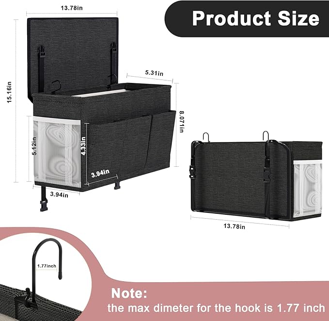 Dual-purpose Bedside Caddy Bedside Organizer, Bed Caddy with 6 Pockets, Versatile Bedside Storage Solution Magazine Remotes holder, ideal for Home, Dorm, Hospital, Crib Bed (Black)-NeatNest