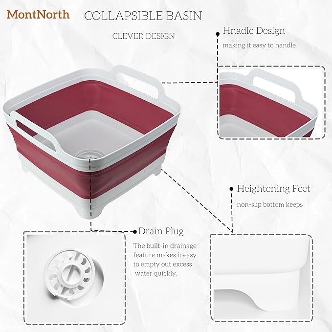 Collapsible Wash Basin 9L, Foldable Dish Tub with Drain Plug, Portable Collapsible Dish Basin, Camping Sink for Washing Dishes, Laundry & Kitchen Use (Viva Magenta)-NeatNest