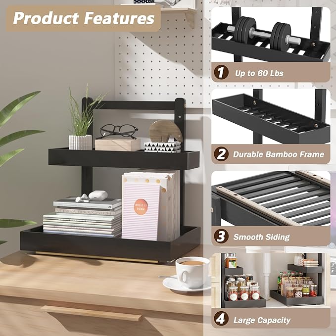 Bamboo 2 Packs Under Sink Organizer Wooden 2 Tier Pull Out Cabinet Organizer, Heave Duty Wood Slide Out Storage Shelf, Undersink Organizers Shelves for Kitchen Bathroom-NeatNest