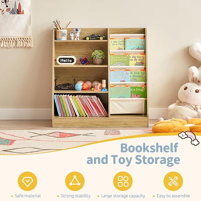 4-Tier Kids Wooden Bookshelf and Toy Storage, 4 Layer Sling Children Bookcase, Book Display Shelf for Kids Bedroom, Playroom, Nursery, Classroom