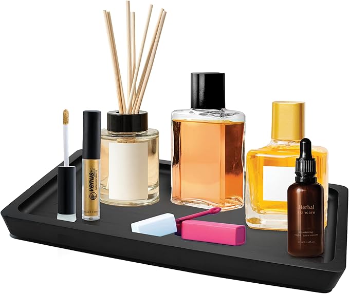 Bamboo Tray for Bathroom Countertop - 12” Matte Black Vanity Tray for Dresser Top, Black Bathroom Tray for Counter, Decorative Trays for Candles, Perfume Cologne Holder for Vanity-NeatNest