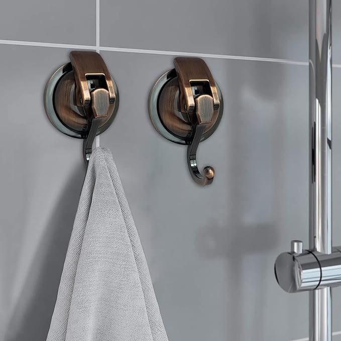 Heavy Duty Vacuum Suction Shower Hooks, Glass Suction Cup, for Bathroom Robe and Garland Decoration (2 Pack, Antique Brass)