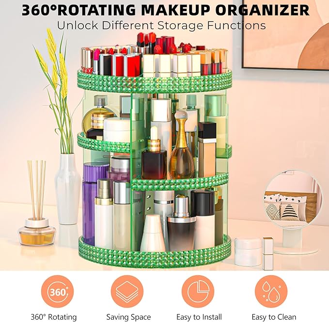 360 Degree Rotating Makeup Organizer, Extra Large Capacity Organizador De Maquillaje, Removable DIY 7 Layers Cosmetics Organizer, Acrylic Perfume Organizer for Vanity Countertop (Green)-NeatNest