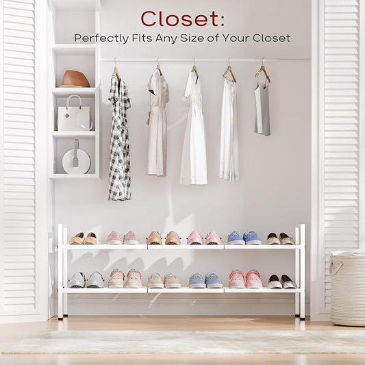 Bumusty 2-Tier Long Expandable Shoe Rack for Closet, 18"-44" Adjustable Shoe Rack for Entryway, 10-12 Pairs Large Shoe Organizer Shelf Storage, Sturdy Metal, White-NeatNest