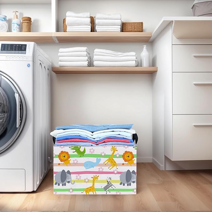 Cute Rectangle Woodland Animal Baby Girl Basket Nursery Playroom Bedroom Decor Clothes Toy Basket (Colorful Animals)-NeatNest