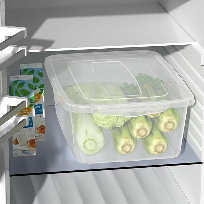 4-Pack Plastic Storage Containers with Latch Covers, BPA Free Stackable Fridge Organizer Bins, 14 L, Clear