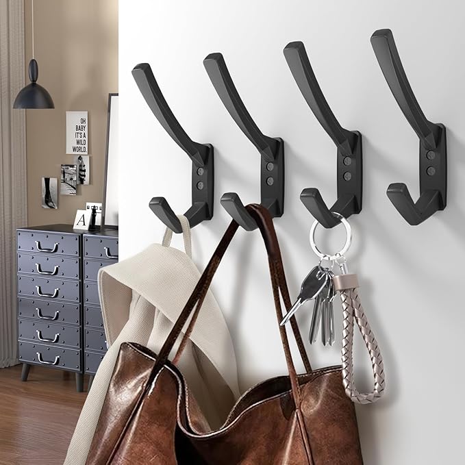 Heavy Duty Wall Hooks, 5.7 Inch Large Coat Hooks, 6 Packs Towel Hooks for Hanging in Bathroom, Bedroom, Entryway, Kitchen, etc (Black, 6 Pack)