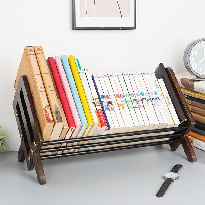 Desktop Bookshelf, Wood Tilting Bookcase with Iron Rack, Book Organizer for CDs/Magazine/Books Display, Storage Rack in Living Room/Studyroom/Home/Office (Brown&Black, 16")-NeatNest