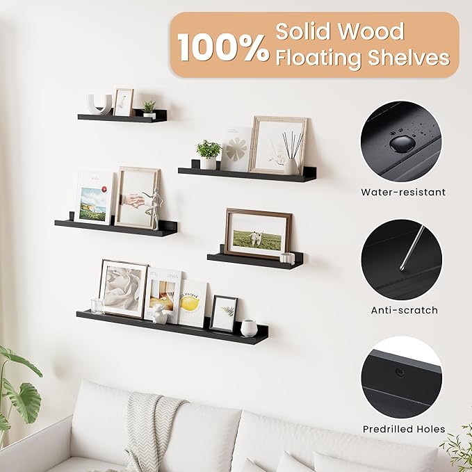 Floating Shelves for Wall, 24 inch Solid Wood Picture Ledge Shelf, Picture Shelf for Wall with Ledge, Floating Book Shelves for Living Room Bedroom Kitchen Nursery Decor, Black, Set of 2-NeatNest