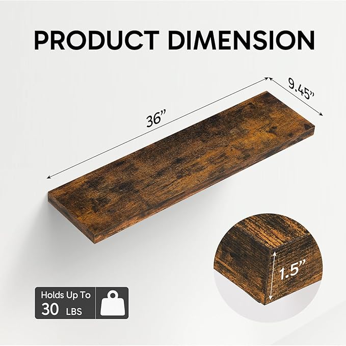BAYKA Floating Shelves, 36" Wall Mounted Rustic Wood Shelves for Bathroom, Bedroom, Living Room, Kitchen, Office, Hanging Shelf for Books/Storage/Decor(Rustic Brown,Set of 2)-NeatNest