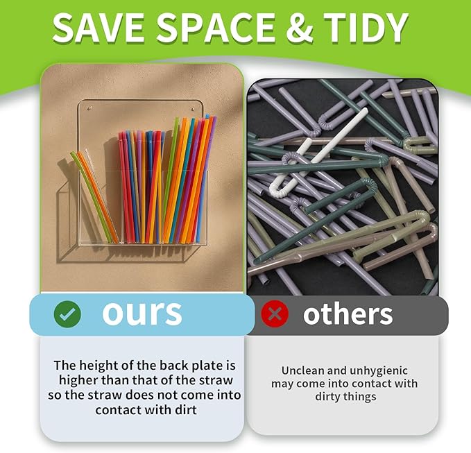 Acrylic Straw Holder for Cabinet, Large Capacity Thickened 9.4"x7.8" Adhesive Cabinet Door Organizer,Drinking Straws Dispenser,Organizer for Cupboard Reusable for Kitchen