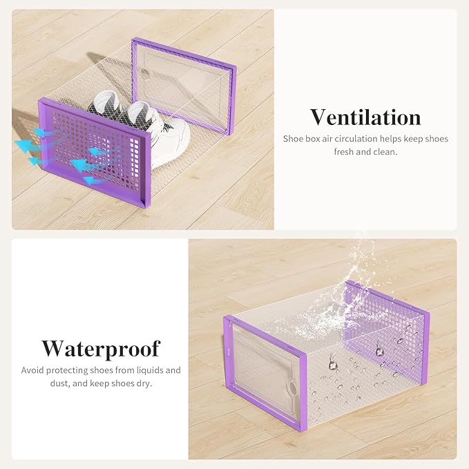 Kuject X-Large Shoe Storage Boxes Organizers Clear Plastic Stackable 12 Pack, Shoe Rack & Holder Substitute, Sneaker Containers, Toy Storage Organizer Bins for Entryway, Closet, Under Bed, Purple-NeatNest