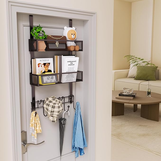 HapiRm Over The Door Hanger with Coat Hooks and 2 Baskets, Rustproof & Waterproof Over The Door Hooks, Storage Organizer for Hats, Bathroom, Kitchen, Bedroom - Bronze