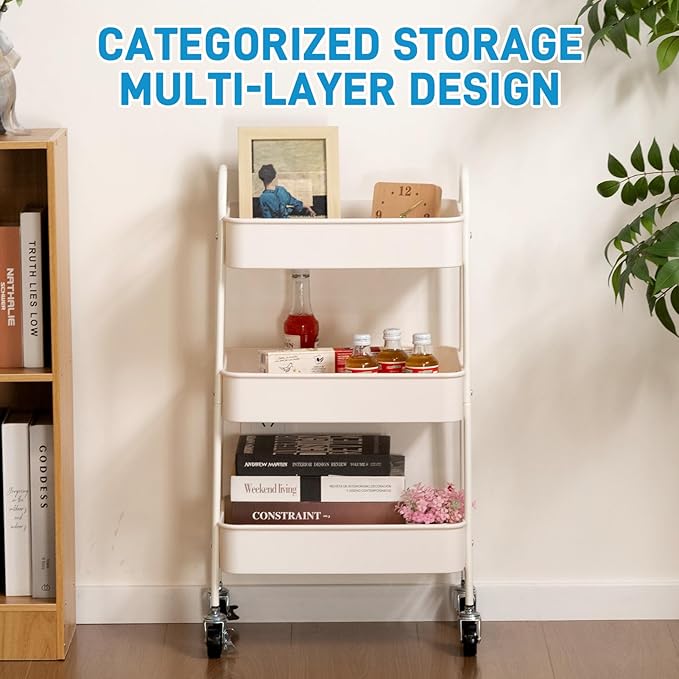 AGTEK 3-Tier Rolling Carts with Wheels, Rolling Utility Cart with Iron Frame for Kitchen, Plastic Shelves, Living Room, Office, White
