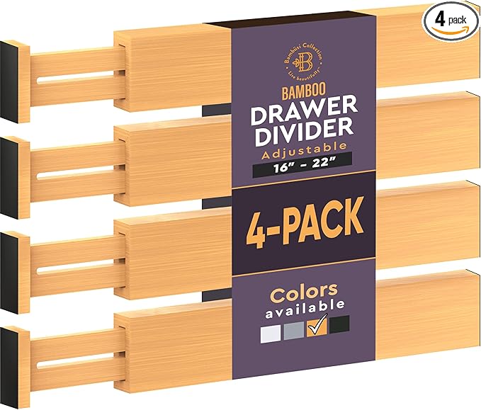 4 Pack Drawer Dividers Bamboo 2.6" High, 16-22" Adjustable Drawer Organizers for Clothes, Expandable Dresser Separators in Bedroom/Bathroom/Kitchen/Office Organization and Storage (Natural)-NeatNest