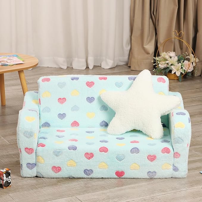 Extra Wider Seating Toddler Couch, 2-in-1 Toddler Soft Couch Fold Out with Star Pillow, Convertible Sofa to Lounger for Girls and Boys-NeatNest