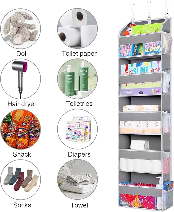 2 Pack Over The Door Storage Organizer with 5 Pockets 10 Mesh Side Pockets, 44 lbs Weight Capacity Door Hanging Organizers and Storage for Bedroom,Bathroom,Nursery,Pantry,Dorm(Light Gray)-NeatNest