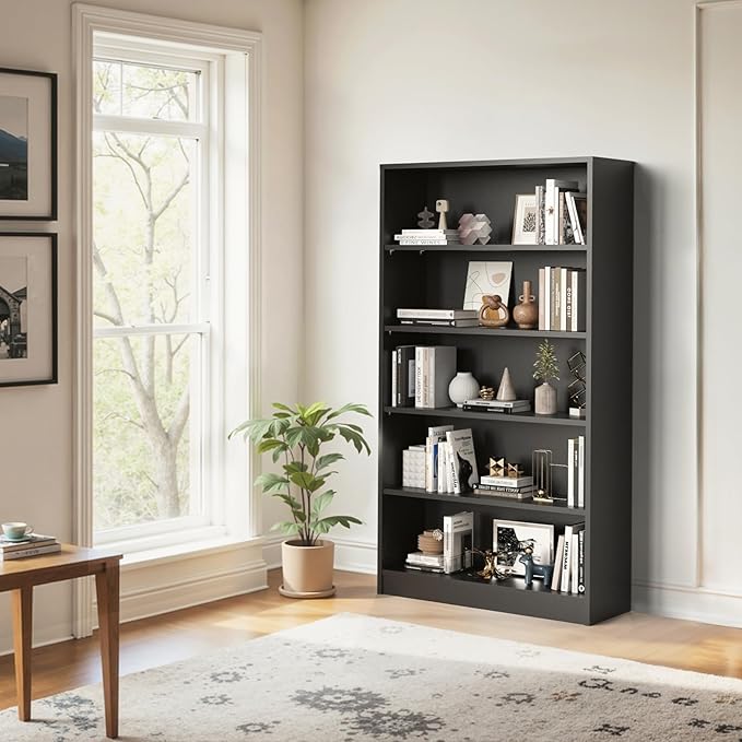 Farini 60 Inch Tall 5-Shelf Bookcase, Wood Bookshelf Storage Organizer Adjustable Shelf for Home Office, Study Room, Easy Assembly,Black