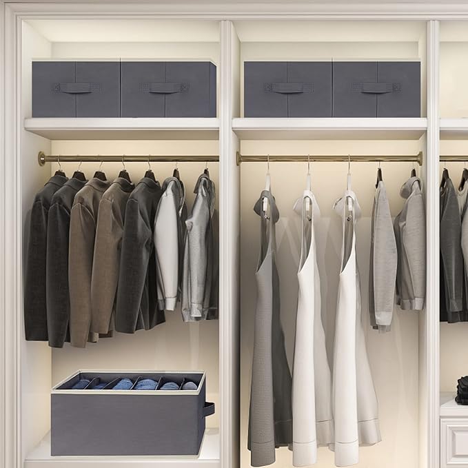 3 Pcs Large Size Wardrobe Clothes Organizers 6 Grids for Pants, Jeans, Sweater, T-shirt, Dress Stackable Closet Drawer Organizer Storage Bin Container with Sturdy Handles, Dark Grey-NeatNest