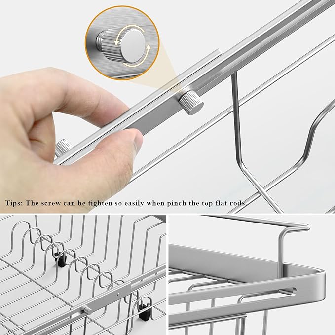 Orgneas Capacity Expandable Dish Drying Rack in Sink, Stainless Steel Rustproof Over Sink Dish Drainer Rack with Utensil Holder for RV Kitchen Counter, Fit for Interior Width 10.5''~17'' Sinks