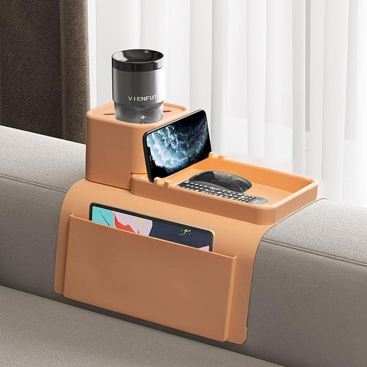 Couch Cup Holder Tray, VIENFUT Silicone Anti-Slip Sofa Armrest Tray with Side Pockets, BPA-Free Anti-Spill Couch Drink Holder for YETI, Remote, Snacks, Cellphone and iPad, Ideal Gift (Peach)-NeatNest