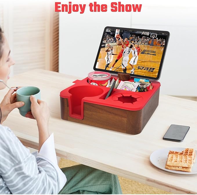 Couch Cup Holder Tray, Real Acacia Wooden Caddy with Soft Silicone, Snack and Drink Organizer- Perfect Movie Night Accessories for Bed, Remote and Cup Holders for Sofa (Red)-NeatNest