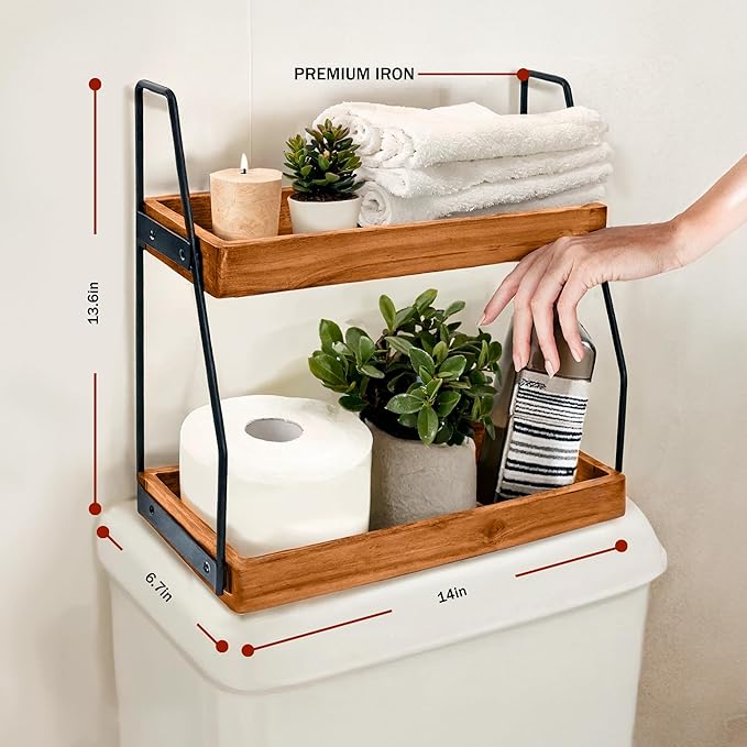 Acacia Bathroom Organizer Countertop 13.6 x 14 x 6.7 inches, 2-Tier Wood Counter Standing Rack, Countertop Storage Shelf for Organizing Bathroom Kitchen Office Desk Vanity Cosmetic Balcony