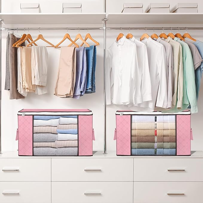 90 L Large Storage Bags, 8 Pack Clothes Storage Bins Foldable Closet Organizer Storage Containers with Durable Handle Storage and Organization, Blanket, Comforters, Bed Sheets, Pillows and Toys (Pink)-NeatNest