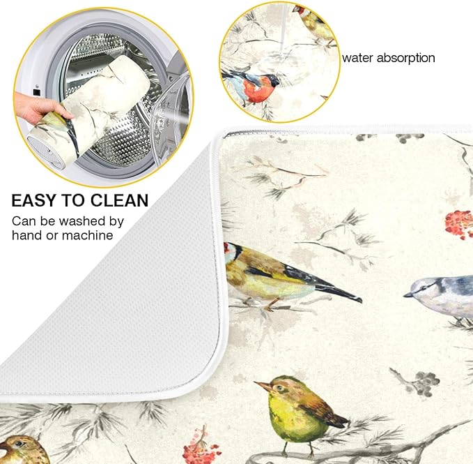 Absorbent Dish Drying Mat Microfiber Dish Drying Pad Reversible Drainer Mats for Countertop, Spring Cute Birds Kitchen Counter Decor, 16'' x18''