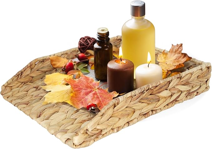 Water Hyacinth Hand-Woven A4 Desk Paper Tray Rectangular Rattan Desk Basket Document Tray Magazine Files Basket Organizer for Office Bathroom,1 Pack