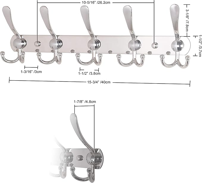 Dseap Wall Mounted Coat Rack - 5 Tri Hooks, Heavy Duty, Stainless Steel, Metal Coat Hook Rail for Coat Hat Towel Purse Robes Mudroom Bathroom Entryway (Chromed, 2 Packs)-NeatNest