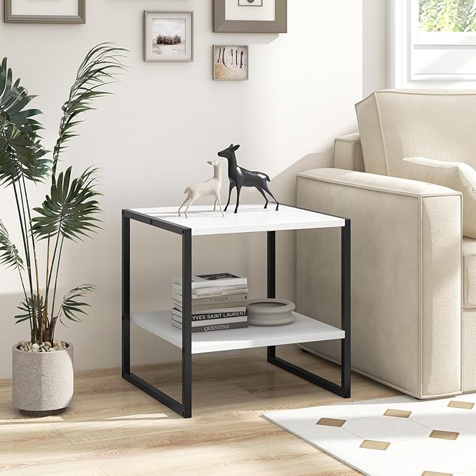 End Table Set of 2, Industrial 2-Tier Side Tables with Open Shelf, 20" Square Coffee Table with Heavy-Duty Metal Frame, Compact Tea Table Nightstand for Living Room, Bedroom, Hallway