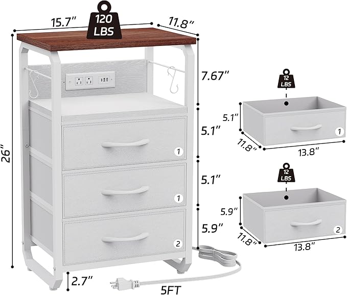 Bed Side Table with 3 Fabric Drawers, Night Stand with Charging Station, LED Nightstand with Hooks, Bedside Table End Table with Storage, Night Table for Living Room, Bedroom Walnut-NeatNest