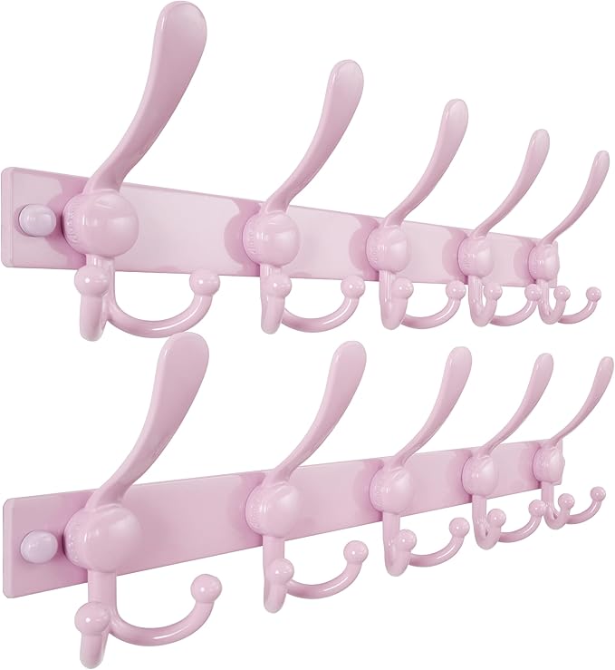Dseap Coat Rack Wall Mount 2.0 Pro: Heavy Duty 300% Thicker, 16" Stud Mount, Stainless Steel Wall Coat Hooks Hanger for Clothes Jackets Hats Entryway Closet, MaxStrong Series, Pink, Pack of 2