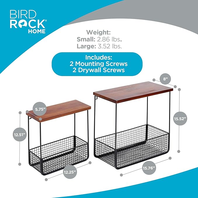 BIRDROCK HOME 2pc Floating Shelves with Basket - Wood Metal Wall Storage Shelf - Decorative Hanging Baskets for Bathroom, Bedroom, Living Room - Rustic Farmhouse - Small & Large - Black/Brown