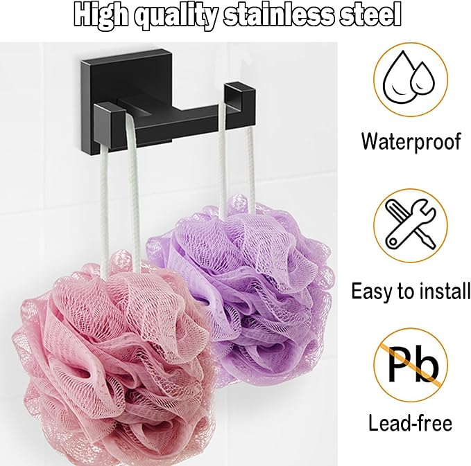 BOZWELL 1 Double Towel Hook and 2 Towel Hooks for Bathroom Matte Black Wall Mount,3 Pack Modern Square Style Coat Robe Hook,Stainless Steel Heavy Duty Door Hanger 1502-B-3