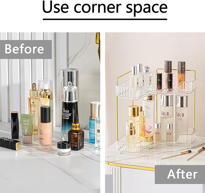 2-Tier Corner Bathroom Counter Organizer – Classic Storage Shelf for Makeup, Perfume & Toiletries, Space-Saving Countertop Tray Fits Bathroom, Dresser, Kitchen (Classic White)