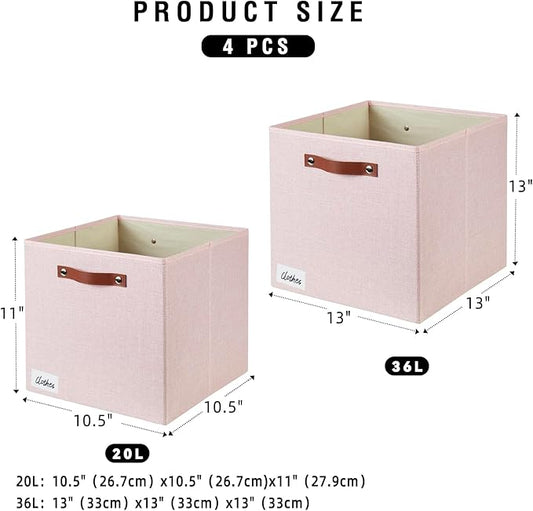 Collapsible Fabric Storage Cube Bins with 2 Reinforced PU Handles, Foldable Storage Organizer Baskets for Closet, Shelves, Living Room | 13"x13"x13", 4 Pack, Full Pink-NeatNest