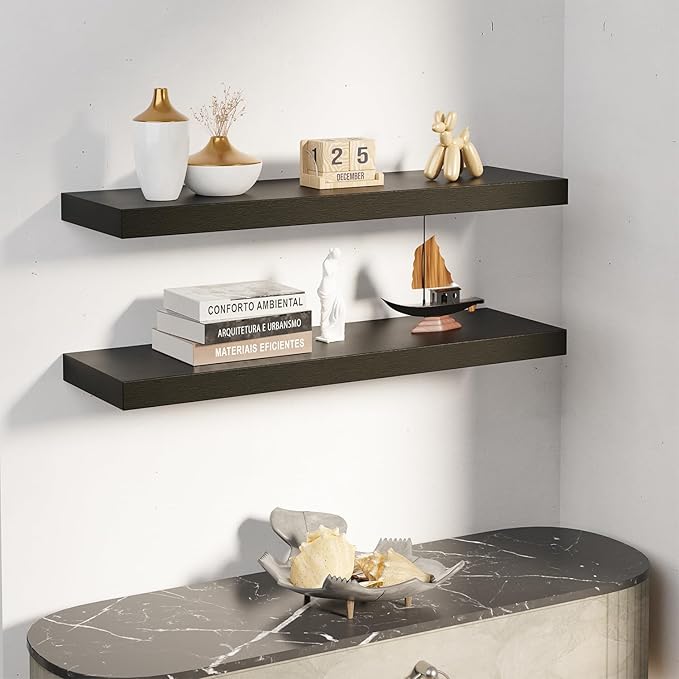 BATODA Set of 2 24" Acacia Floating Shelves Wall Mounted for Bathroom – Rustic Farmhouse Wooden Wall Storage Shelf Bedroom, Kitchen, Home Décor - Brackets and Shelving Mounting (Black, 24 Inch)-NeatNest