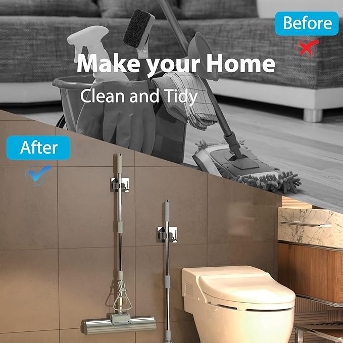 Mop Broom Holder No Drill, Mop Broom Organizer Wall Mounted Heavy Duty with Hooks Hanger, Self Adhesive Stainless Steel 4Pcs for Bathroom, Kitchen, Office (Grey)-NeatNest