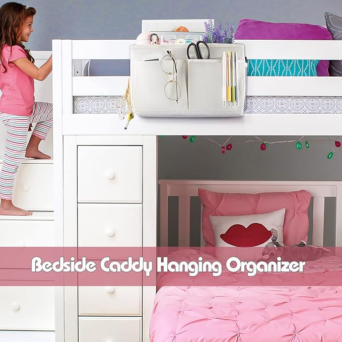 Bedside Caddy Hanging Storage with Water Bottle Holder for Bunk Bed Hospital Bed Dorm Rooms (White)-NeatNest