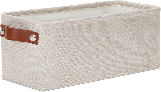 DULLEMELO Small Storage Basket, Toilet Paper Basket Narrow Storage Bin for Bathroom, Bathroom Basket for Organizing with Leather Handles, Canvas Storage Basket for Toilet Magazine Holder(Beige)-NeatNest