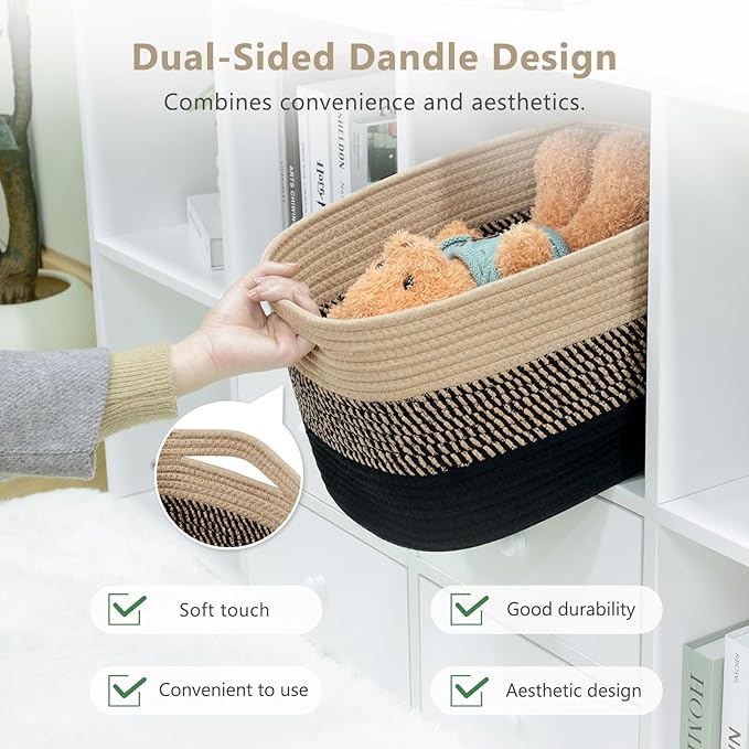 Cotton Rope Storage Basket, 15x10x9 Inches, Woven Basket for Shelves, Clothes, Toys, Towels, Books, and Laundry, Durable and Stylish, Gradient Black/Brown (2 Pack)-NeatNest