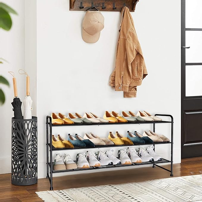 3-Tier Long Metal Shoe Rack,Extra Large Capacity Adjustable Stackable Shoe Organizer Shelf for Closet Entryway, Bedroom,Living Room, Floor,Hallway Shoe Shelf,Black 42" W × 24.5" H-NeatNest