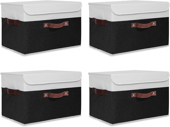 ANMINY 4PCS Storage Boxes with Lid Washable Decorative Storage Bins Basket with PU Leather Handle Foldable Linen Fabric Storage Cubes Containers for Home Closet Organizer - Black White, Large Size-NeatNest