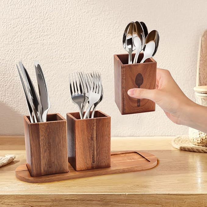 3Pcs Silverware Caddy for Patry, Utensil Holder for Countertop, Silverware Holder Flatware Organizers with tray, Portable Organizer with Wood Tray, Spoon and Fork Holder (Acacia mangium)-NeatNest