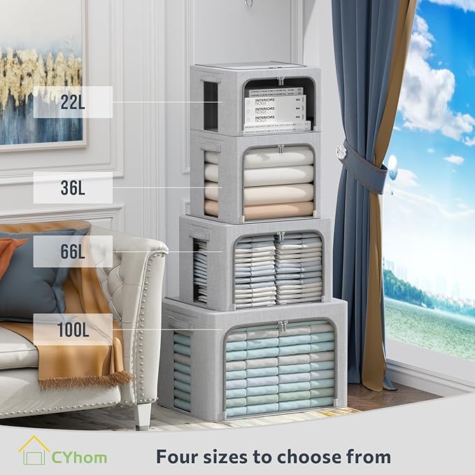 3Pack Foldable Storage Bins - Frame Storage Box Linen Fabric Stackable Clothes Container Organizer with Clear Window & Carry Handles Large Capacity (Small-22L, Light Grey)-NeatNest