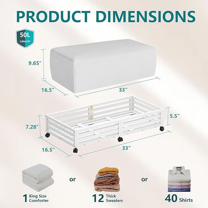 Bamboo Under Bed Storage Containers- Underbed Organizer with Wheels with Large Capacity Dust Bag,Sturdy Wood Rolling Under Bed Shoe Storage Organizer 2 Packs (White, 2 Packs (33.07"×16.54"))-NeatNest