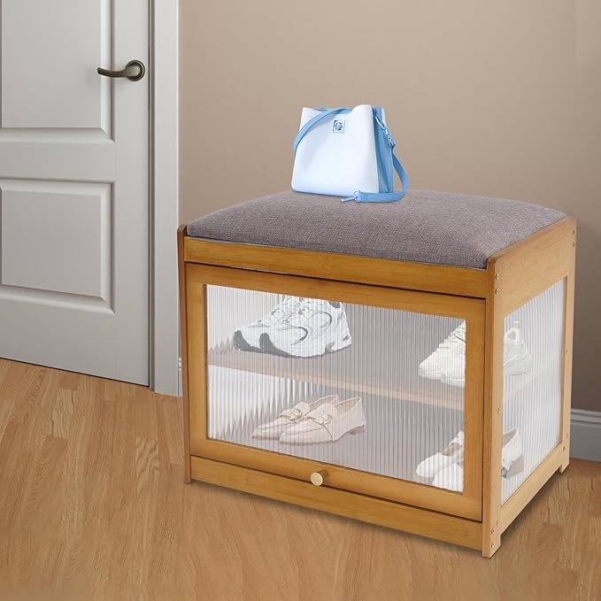 Eapmic Shoe Storage Bench, Entryway Shoe Rack Bench with Padded Seat Cushion, 2-Tier Shoe Cabinet, Bamboo Shoe Organizer for Hallway Bedroom Living Room Front Door (Brown, 19.69 * 12.6 * 17.32in)